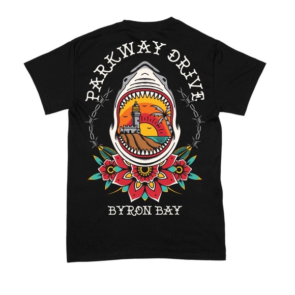 Parkway Drive Byron Bay Shark Lighthouse Graphic Black T-Shirt - Picture 3 of 9